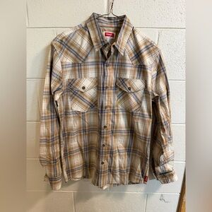 2 Wrangler Tan and Blue Checkered Shirt/Rust and Tan. Price is for both shirts